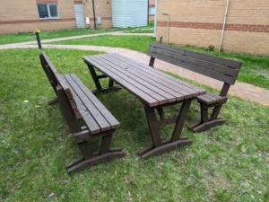 wooden picnic table with backrests outdoor seating