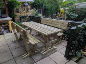 wooden picnic table with backrests