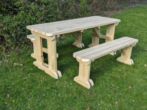 picnic table set with rounded edges, featuring two separate benches.