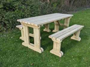 wooden picnic table set with rounded edges