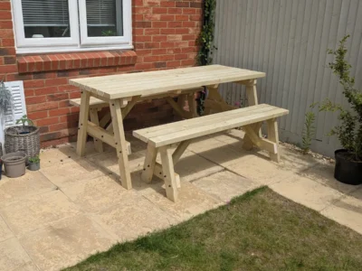 wooden picnic table with benches side view