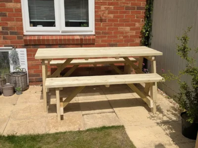 wooden picnic table with benches front view