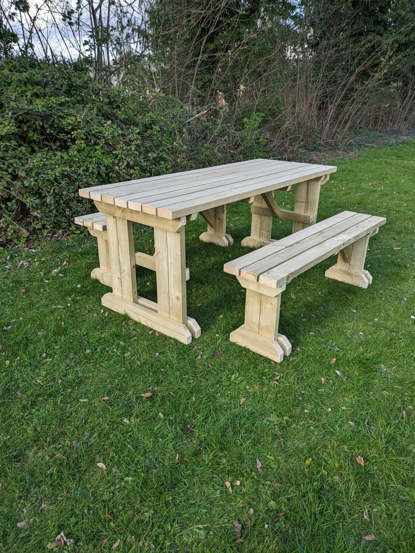 picnic table set with straight edges, featuring two separate benches.