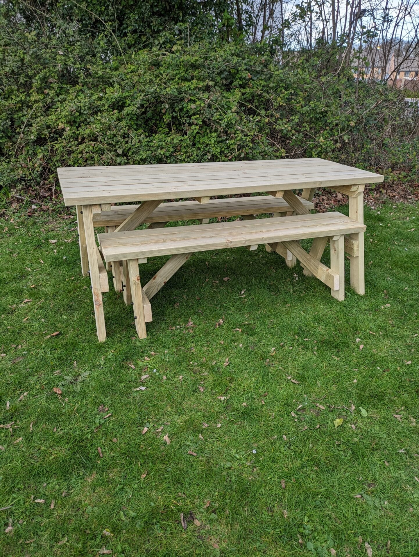 picnic table with benches, showing a sturdy and compact design.