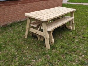 picnic table with benches, showing a sturdy and compact design.