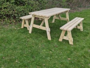 picnic table with benches, featuring two attached benches.