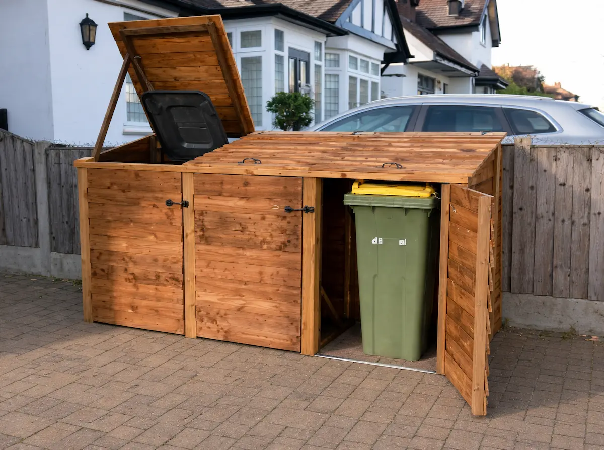 Wooden wheelie bin storage for three bins