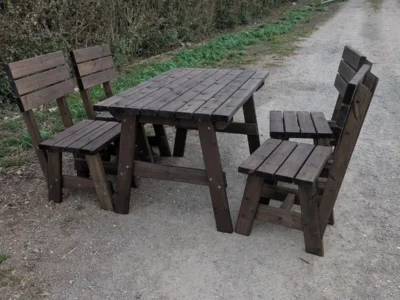 wooden picnic table with chairs