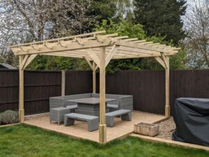 4.2m garden pergola with purlins, light green