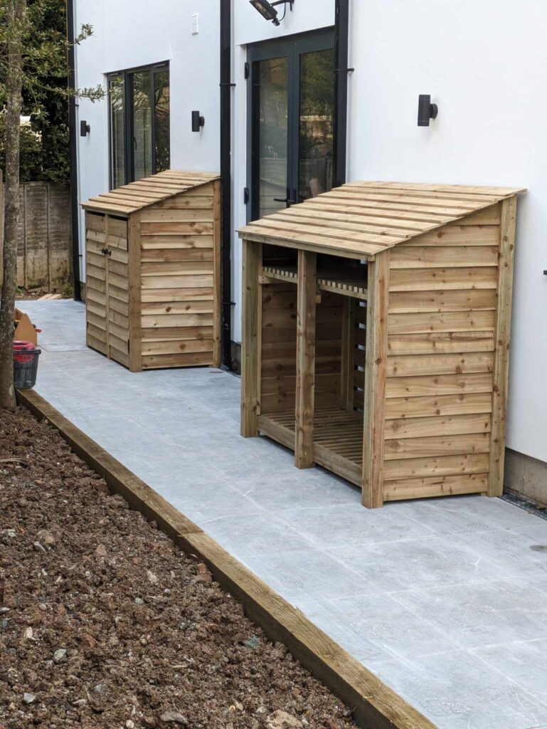 6ft log store Baylham, light green, 5ft high, one with doors, one with shelf