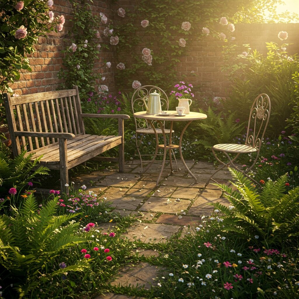 Wooden garden bench and metal chairs in a flower-filled patio setting during golden hour