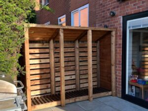 8ft log store in brown finish side view
