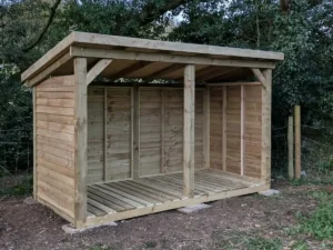 wood storage shelter front view wooden log store
