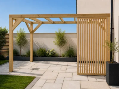 Pergola side screen made from 45×75 mm slatted timber panel
