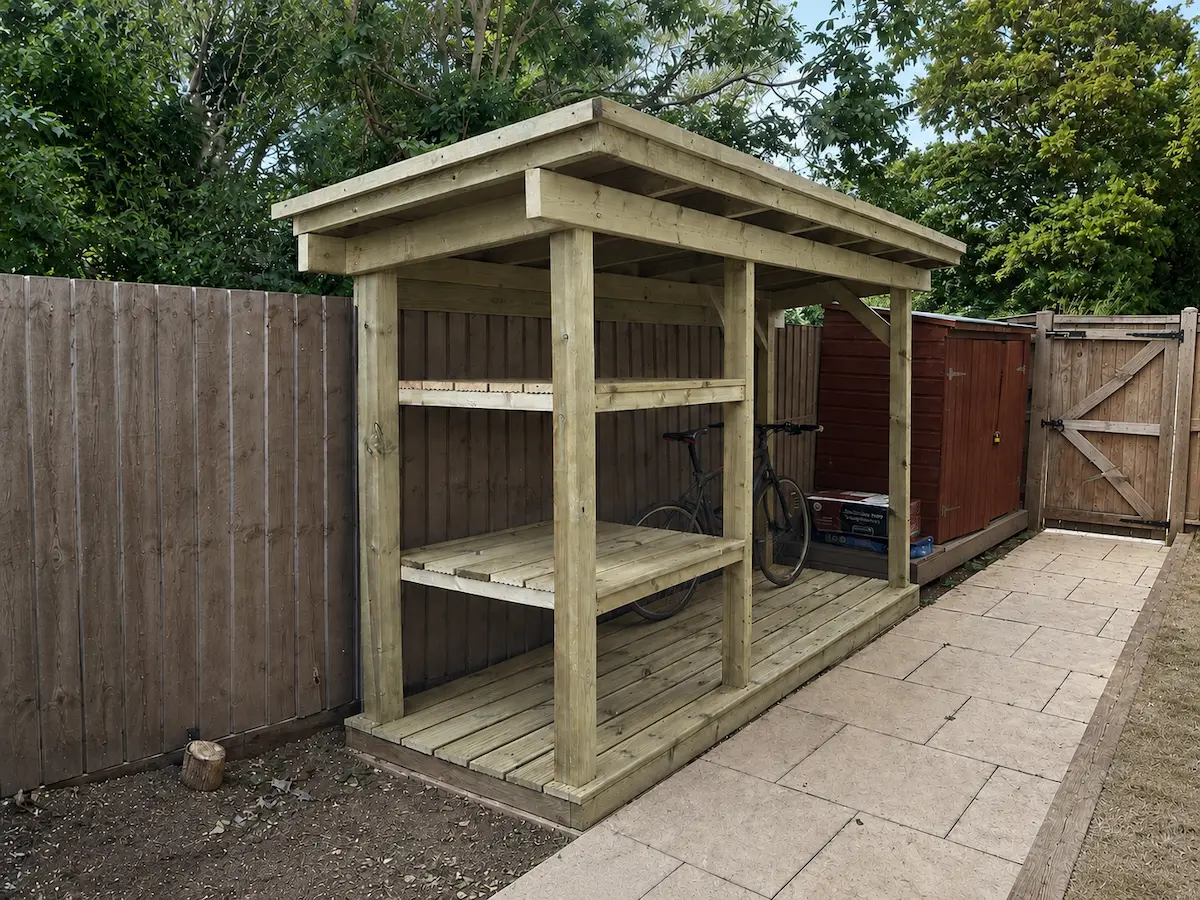 Garden Storage Shelter with timber floor and built-in shelves